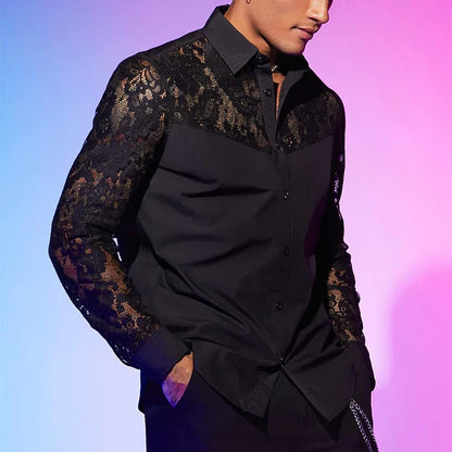 Chemise en dentelle brodée à manches longues pour hommes, cardigans à revers boutonnés, chemises transparentes sexy, mode printemps et automne