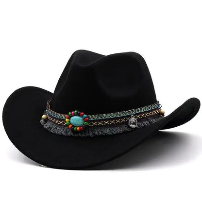 Western Cowboy Wool Hat with Pompom, Montana Sombrero Belt for Men and Women, Cowgirl, Solid Color, Jazz, Stylish Hollow Design for Lady