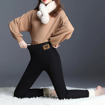 Leggings d'hiver doublés de velours pour femmes, pantalons chauds, taille haute, monochromatique, confortable, extensible, thermique, grande taille, sourire