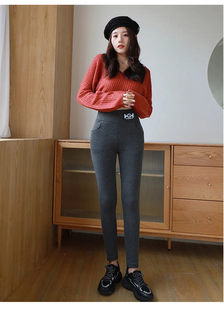 Hiver femmes Leggings solide chaud Leggings épaissir laine d'agneau taille haute polaire garder bout à bout haute extensible pantalon de marche poche