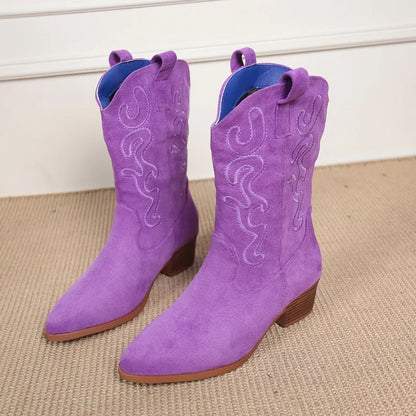 Embroidered Western Cowboy Boots for Women Autumn Pointed Toe Thick Heel High Knee Boots Woman Loose PU Leather Long Botas Mujer
