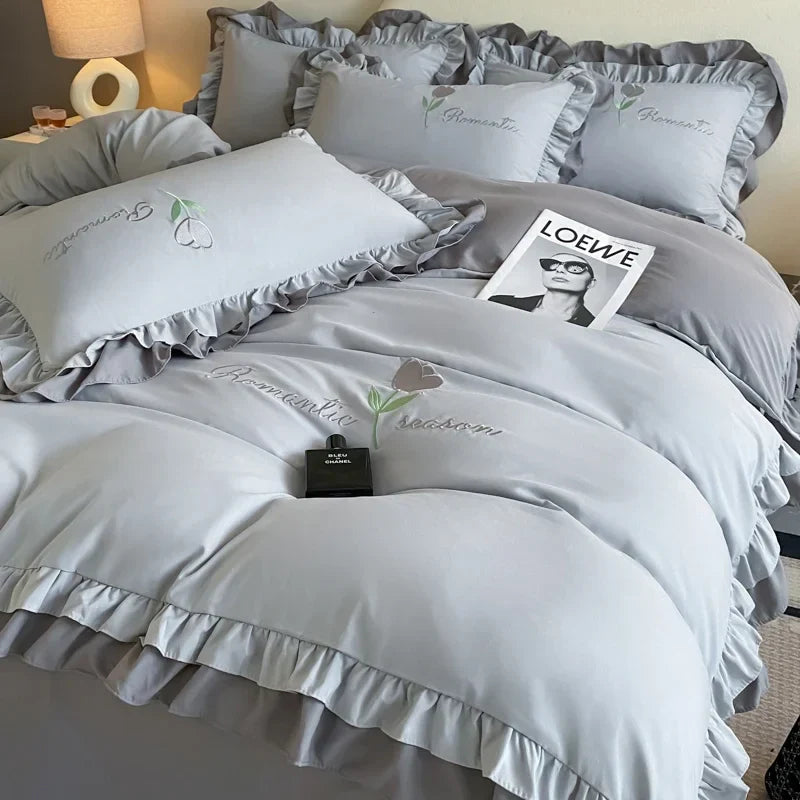 Elegance French Style Bedding Set Duvet Cover Set High Quality  2024 New Lace Princess Embroidery Double Layer Edge King Queen