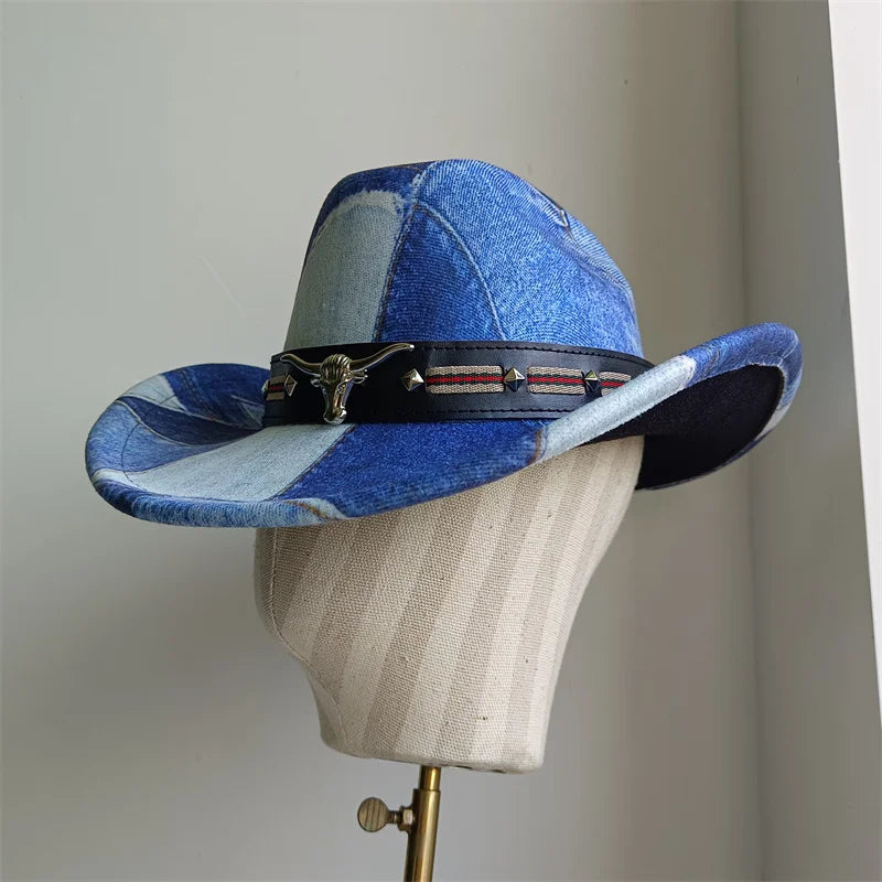 Ethnic Style Cowboy Hat Fashion Chic Unisex Solid Color Jazz Hat With Bull Shaped Decor Western Cowboy Hats