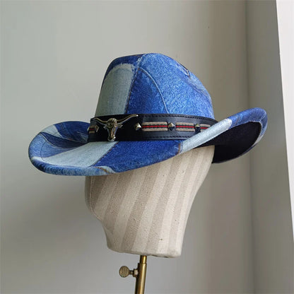 Ethnic Style Cowboy Hat Fashion Chic Unisex Solid Color Jazz Hat With Bull Shaped Decor Western Cowboy Hats