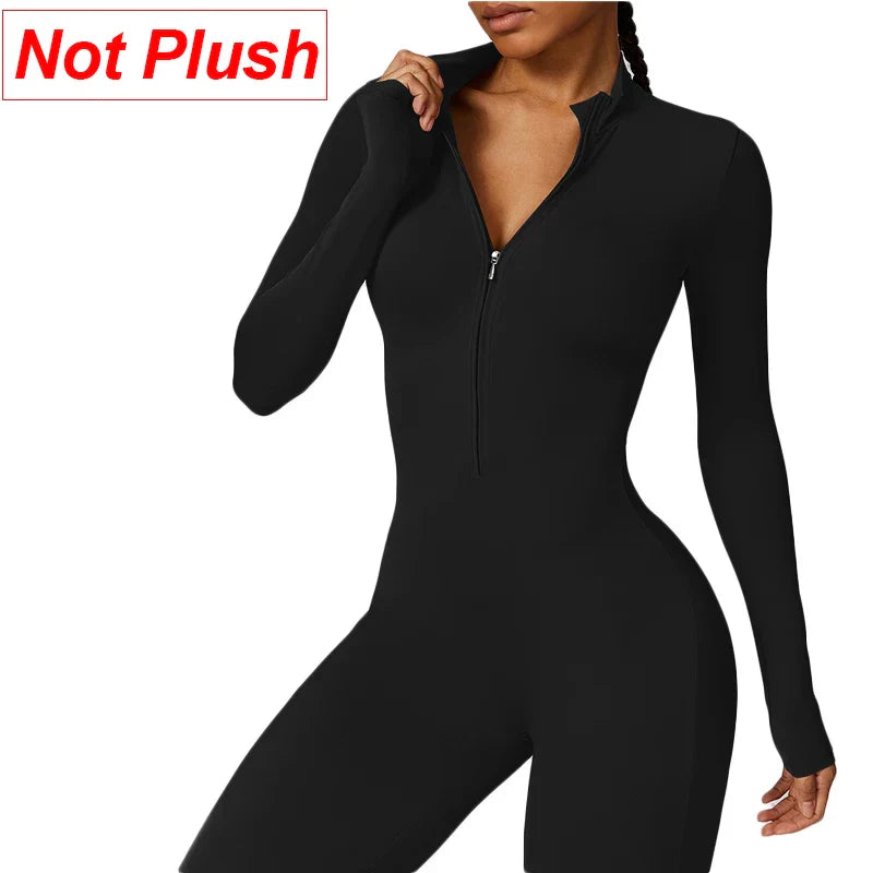 Combinaisons de sport chaudes en peluche pour femmes, survêtement une pièce, Fitness, ensembles de gymnastique d'hiver, manches longues, body d'exercice noir pour femme