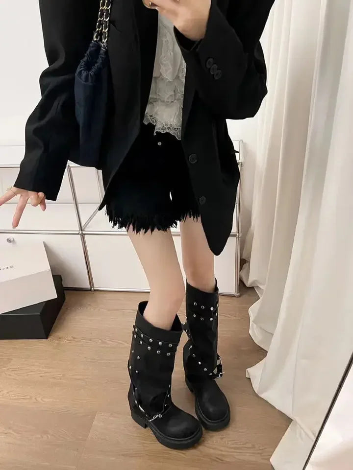 Bottes de cowgirl occidentales pour femmes, bottes hautes au genou, bottes longues en cuir PU, bottes de pantalon cloutées noires, style punk, mode automne