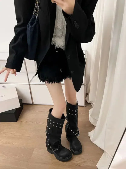 Bottes de cowgirl occidentales pour femmes, bottes hautes au genou, bottes longues en cuir PU, bottes de pantalon cloutées noires, style punk, mode automne
