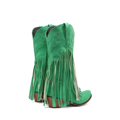 Nouvelles bottes de cowboy rétro ethniques pour femmes avec pompon à talon moyen, chaussures d'hiver pour femmes