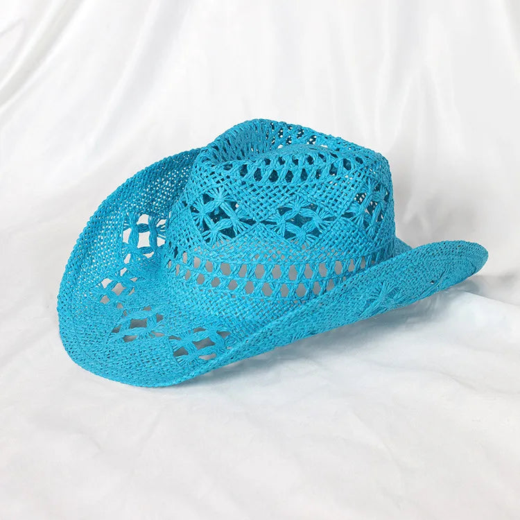 Chapeau de paille de cowboy vert matcha, tissé à la main, creux, pour hommes et femmes, chapeau de soleil d'été, chapeau de paille de cowboy occidental