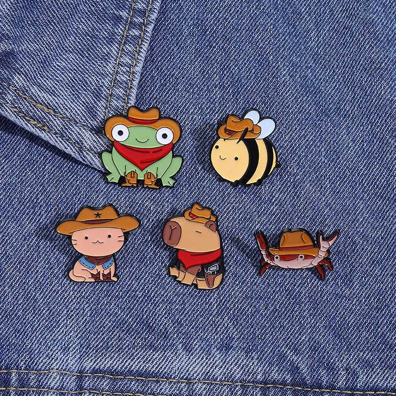 Cowboy Frog Bee Capybara Enamel Pin Cartoon Cowboy Lion Crab Animal Brooches Bag Lapel Bag Badge Funny Jewelry Gift for Friends