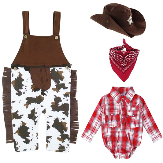 Baby Boys Cowboy Costume Halloween Western Cospaly Clothing Rodeo Birthday Party Clothes Plaid Romper Sets with Scarf and Hat