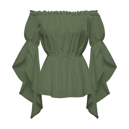Women's Renaissance Ruffle Blouses, Ruched Sleeve Pleated Blouse, Off Shoulder Boat Neck Medieval Shirt, Victorian Shirt