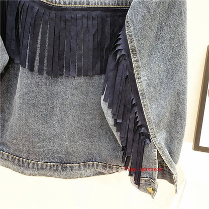 Rivet Embroidery Tassel Denim Jacket Women Loose Long Sleeve Short Outwear Spring Autumn Fashion Black Jeans Jacket Coat Female