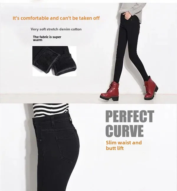 WinterFleece-Lined Thickened High-Waisted Jeans Women's Korean Style Black Slimming Trousers Student Elastic Long Pants