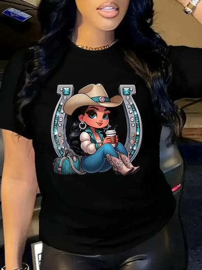 T-shirt femme motif cow-boy et bottes de l'Ouest, manches courtes décontracté et à la mode, col rond, coupe ample, vêtement de ville quotidien