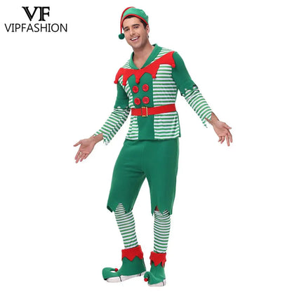 VIP FASHION Men Christmas Elf Costume with Hat Stockings Shoe Covers Belt Fancy Xmas Party Dress Up Outfit Male Festival Clothes