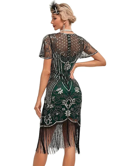 Flapper Dresses 1920s Gatsby Roaring 20s Sequin Beaded Fringe Dress Crew Neck See-through Themed Party Club Dress