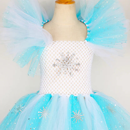 Elsa Costume for Girls Glitter Fancy Princess Dress Up Clothes Snowflake Tulle Tutu Dress Kids Halloween Birthday Dresses Outfit