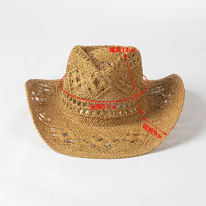 Chapeau de paille de cowboy vert matcha, tissé à la main, creux, pour hommes et femmes, chapeau de soleil d'été, chapeau de paille de cowboy occidental