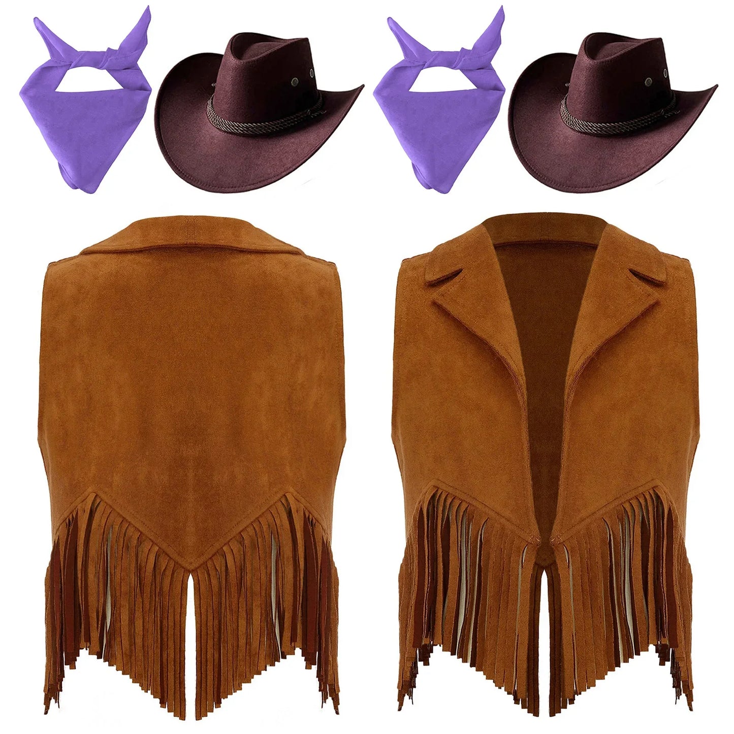 Girls Western Cowboy Cowgirl Cosplay Costume Open Front Retro Suede Tassels Vest with Bandana Scarf Hat for Halloween Carnival
