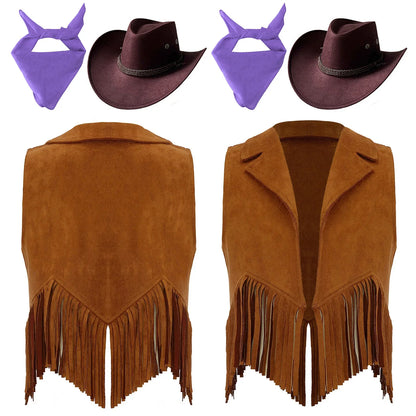 Girls Western Cowboy Cowgirl Cosplay Costume Open Front Retro Suede Tassels Vest with Bandana Scarf Hat for Halloween Carnival