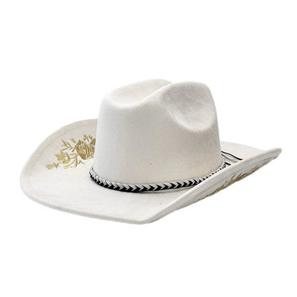 Retro Suede Cowgirl Hat for Women and Men, Floral Embroidery Wide Brim Western Cap Jazz Hat Cowboy Hats