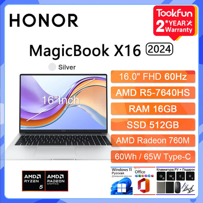 PC Portable HONOR MagicBook X16 Pro 2024 Intel Core i5 AMD Ryzen R5 16Go 512Go 1To 16" FHD Ordinateur Portable Ultrabook BRN-H56