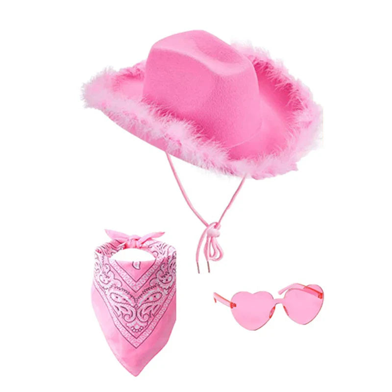 Ensemble de chapeaux de Cowboy roses, 3 pièces, chapeaux de fête d'enterrement de vie de jeune fille, chapeaux de Cowgirl occidentale en plumes, casquettes de Costume de fête + lunettes + mouchoir