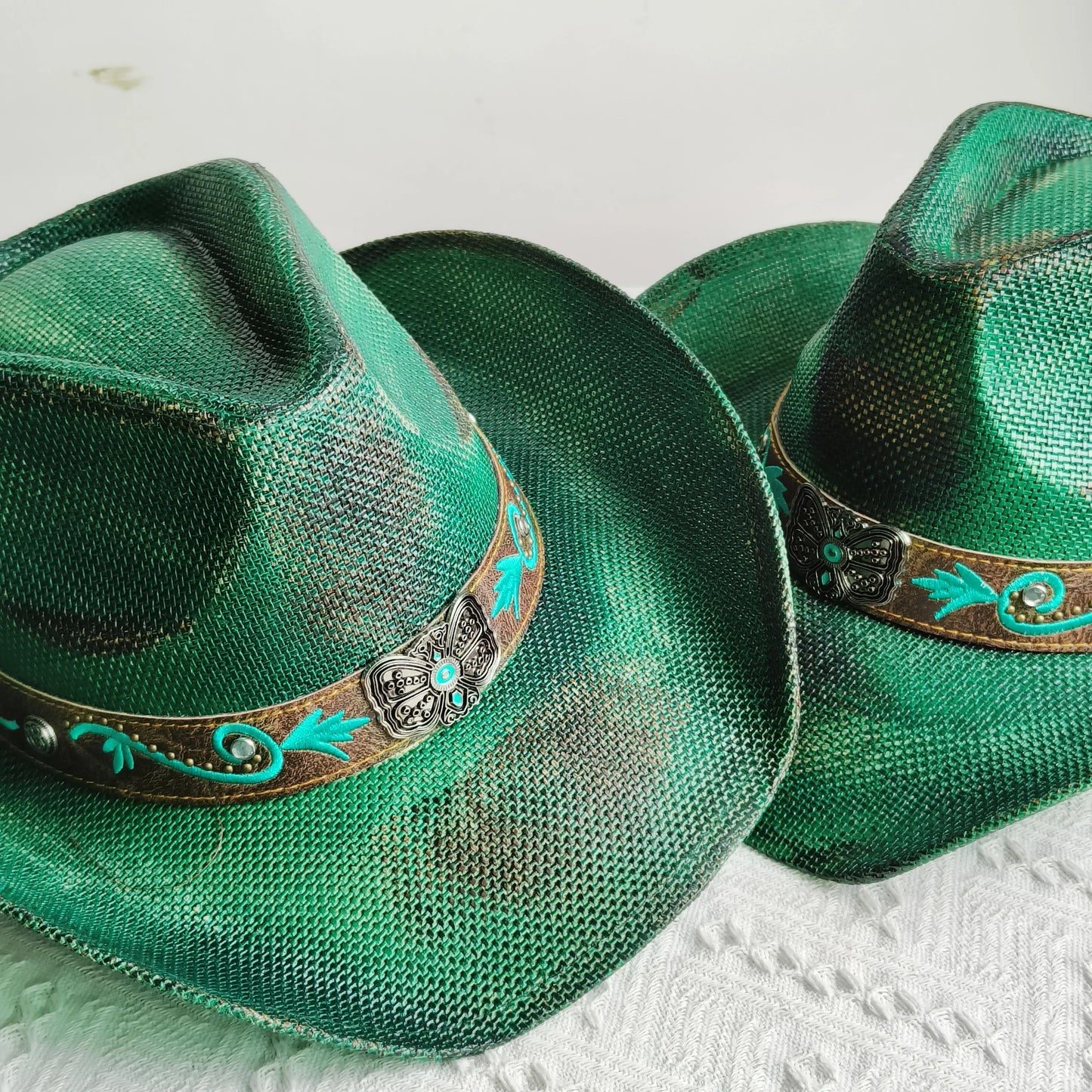 Hand-painted Western Cowboy hat Bronze green hat for men women Large Brim stiff straw hat summer sombrero vaquero hombreковбойс