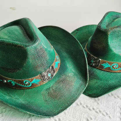 Hand-painted Western Cowboy hat Bronze green hat for men women Large Brim stiff straw hat summer sombrero vaquero hombreковбойс