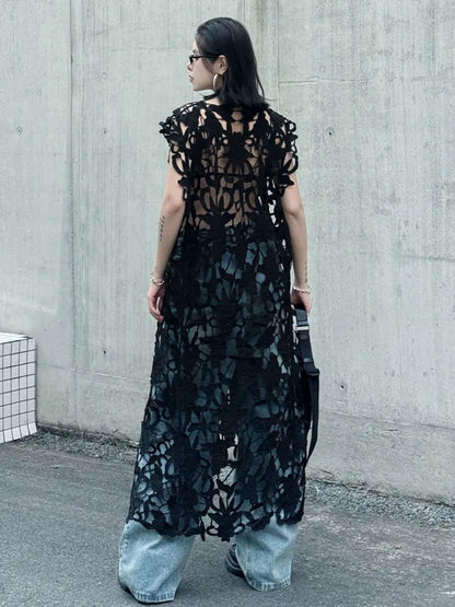 [EWQ] Chic belle Robe européenne à la mode femmes vêtements crochet à motifs découpe Robe sans manches Robe noire 2025 été nouveau