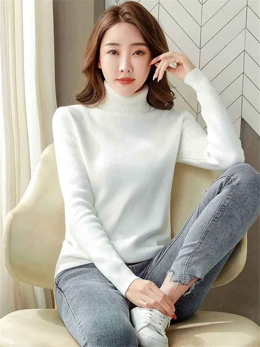 Turtleneck Winter Sweater Women Elegant Thicken Velvet Lined Warm Sueter Fleece Knitted Pullover Slim Top Jersey Knitwear Jumper