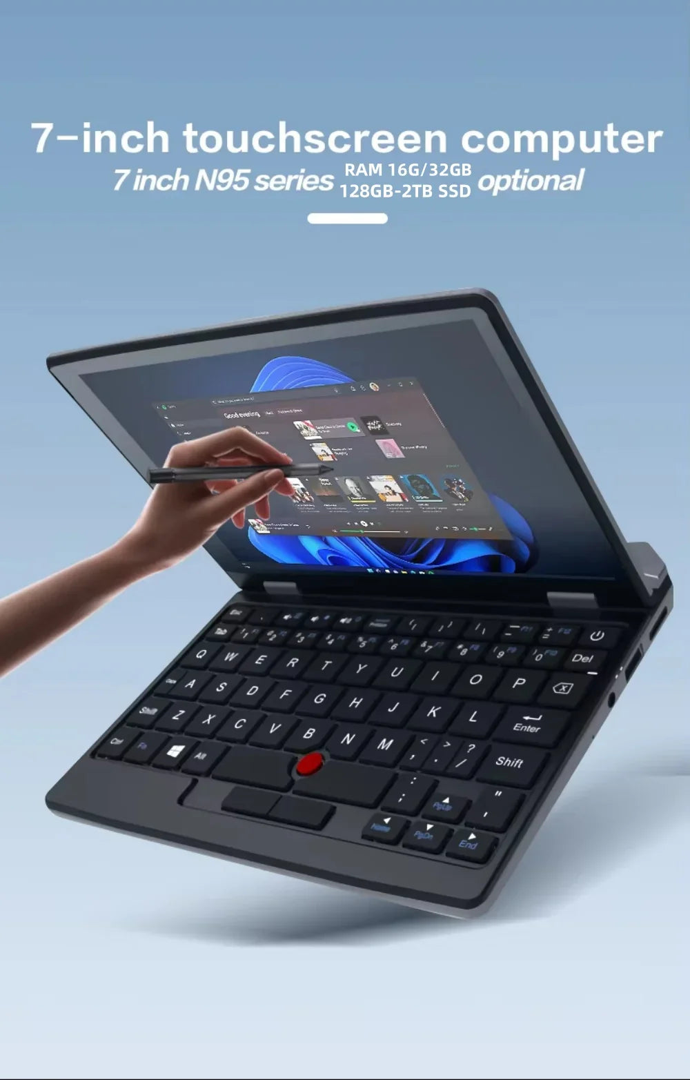 7 Inch Mini Laptop 16G 1TB N95 Notebook IPS Touch Screen Portable Netbook Win 11 Pro Mini PC Micro Computer Bluetooth 4.2
