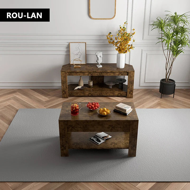 Table TV et Table basse relevable avec rangement, Table centrale relevable en bois rustique pour salon