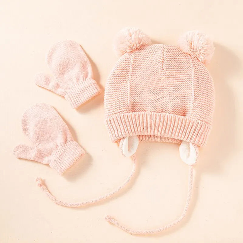 Ensemble de gants et bonnets en tricot pour bébé, protection des oreilles pour bébé, bonnet pour tout-petit, document solide, mignon, guerre en plein air, filles et garçons, automne et hiver, 2 pièces