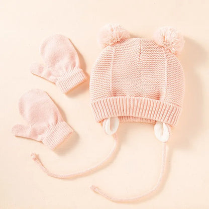 Ensemble de gants et bonnets en tricot pour bébé, protection des oreilles pour bébé, bonnet pour tout-petit, document solide, mignon, guerre en plein air, filles et garçons, automne et hiver, 2 pièces
