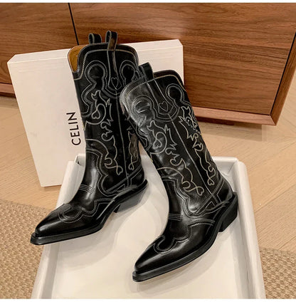 Ods Cowboy Western Boots For Women Real Leather Embroidered Pointed Toe Mid-calf Western Boot Retro Fashion Casual High Quality