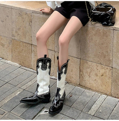 Ods Cowboy Western Boots For Women Real Leather Embroidered Pointed Toe Mid-calf Western Boot Retro Fashion Casual High Quality