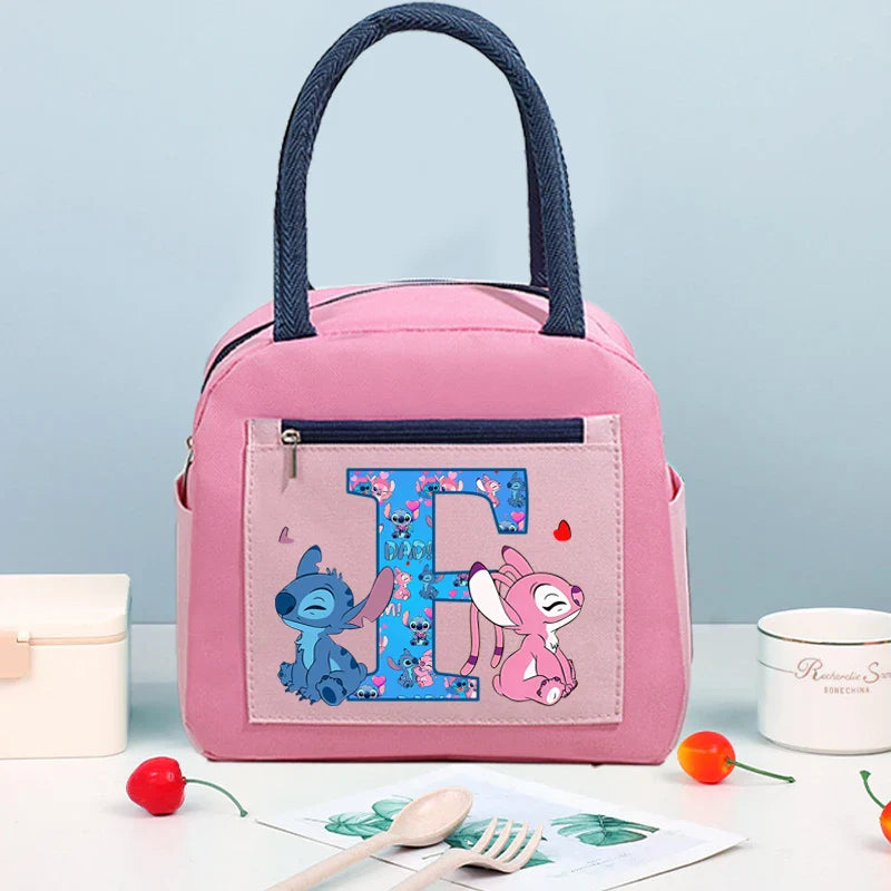 Anime Stitch High-capacity Lunch Bag Cartoon Letter A-Z Printed Insulated Box Picnic Portable Food Keep Fresh Handbag Bento Bags