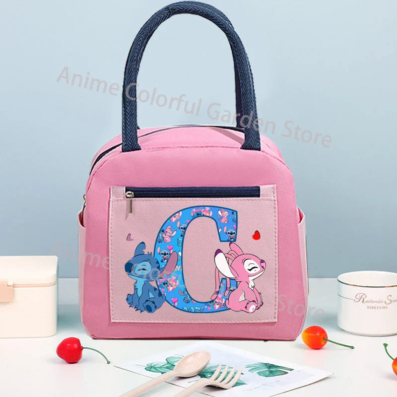 Anime Stitch High-capacity Lunch Bag Cartoon Letter A-Z Printed Insulated Box Picnic Portable Food Keep Fresh Handbag Bento Bags