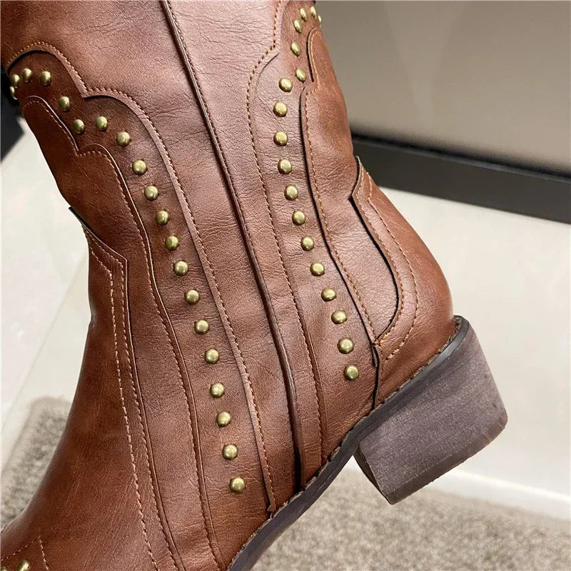 2025 New Women's Boots Low Heel Cowboy Western Short Leather Knee High Luxury Designer Gothic New Rock Shoes Vintage