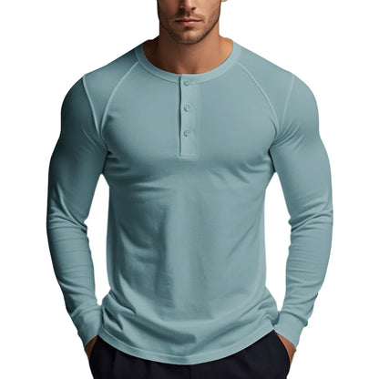 T-shirts boutonnés à manches longues pour hommes, col Henley, décontractés, de haute qualité, pour l'automne