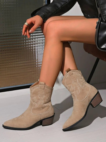 Women Boots 2025 New Cowboy Retro Leather Ankle Boots Comfortable Embroidered Spring Autumn Sexy High Short Boots Botas Mujer