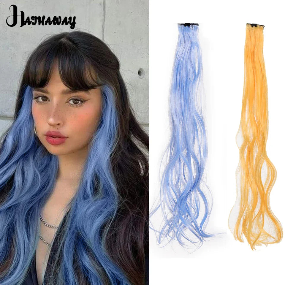 Extensions de cheveux bouclés de 22 pouces, postiche de couleur, mèche de cheveux arc-en-ciel à clipser, mèche de cheveux synthétiques bleus à clipser