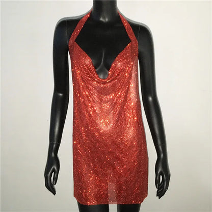 Robe de soirée sexy pour femme Bling Diamante, en cristal et strass, dos nu, pour festival, cocktail, soirée, rave.