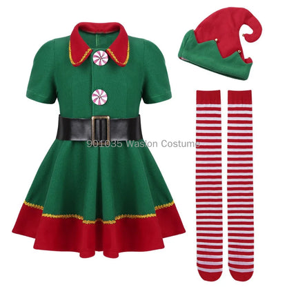 Costumes d'elfes de Noël pour femmes, costume de Noël et d'Halloween, robe d'elfe verte et rouge à manches longues pour filles, costume de Noël pour enfants