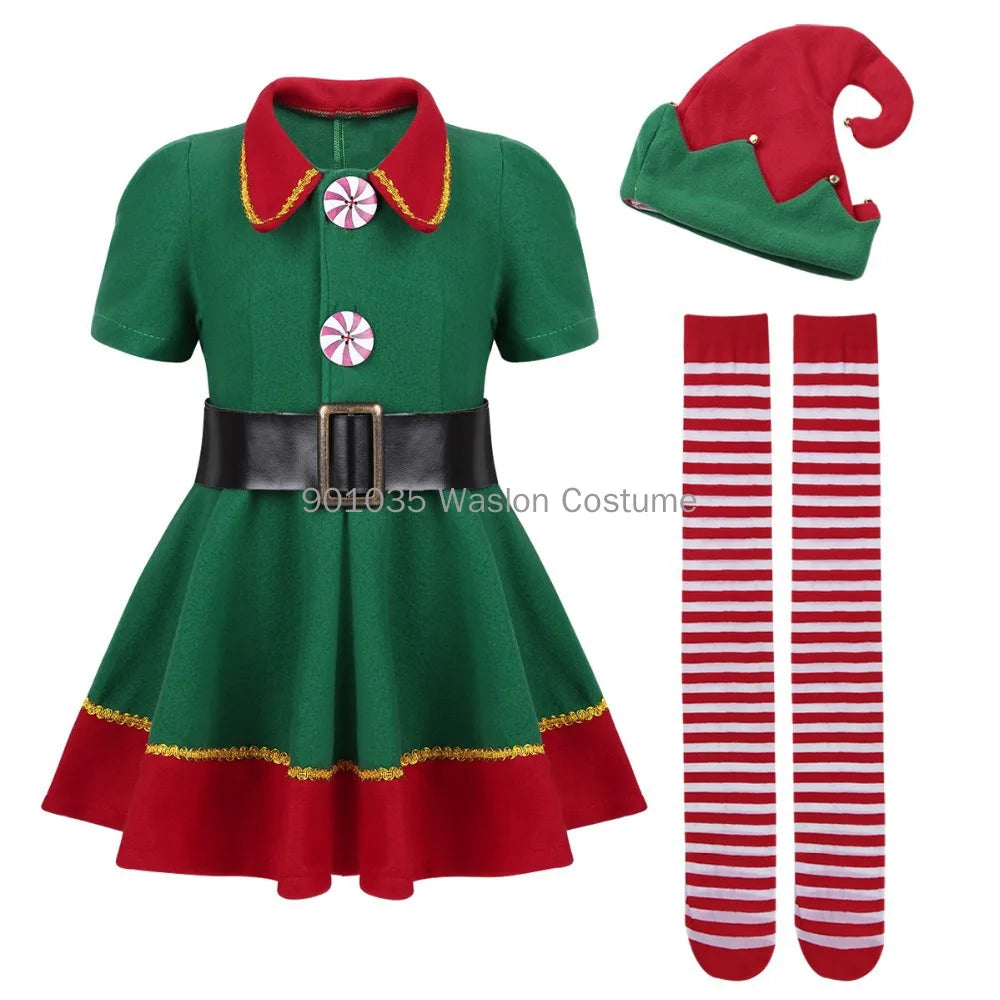 Déguisements d'elfes de Noël pour femmes, robe d'elfe verte et rouge à manches longues pour filles, déguisement de Noël pour enfants