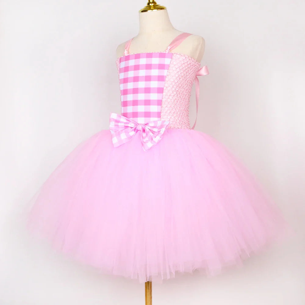 Movie Barbi Costume for Girls Margot Robbie Pink Plaid Tulle Tutu Dress Kids Halloween Birthday Party Princess Dress Up Clothes