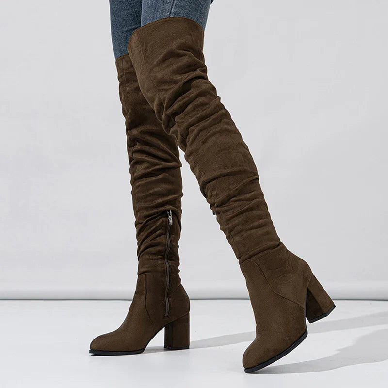 Bottes Noires Marron Cuissardes Liyke 2025 Automne Hiver Femme Sexy Bout Pointu Fermeture Éclair Chaussures Hautes Talon Carré Bottines Femme