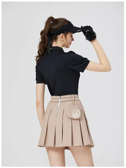 Blktee Slim Zipper Collar Golf Shirts Women Puff Short-sleeved Tops Ladies High Waist Golf Skirts Pleated Skorts with Ball Bag